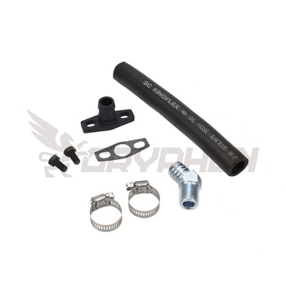 SR20DET S13 S14 S15 turbo oil drain hose kit for Garrett GT28R, GT30R, and GT35R turbos, including NBR drain hose, 6061-T6 flange, 45° elbow fitting, gasket, and hardware.