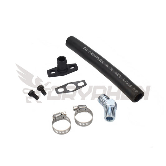 SR20DET S13 S14 S15 turbo oil drain hose kit for Garrett GT28R, GT30R, and GT35R turbos, including NBR drain hose, 6061-T6 flange, 45° elbow fitting, gasket, and hardware.