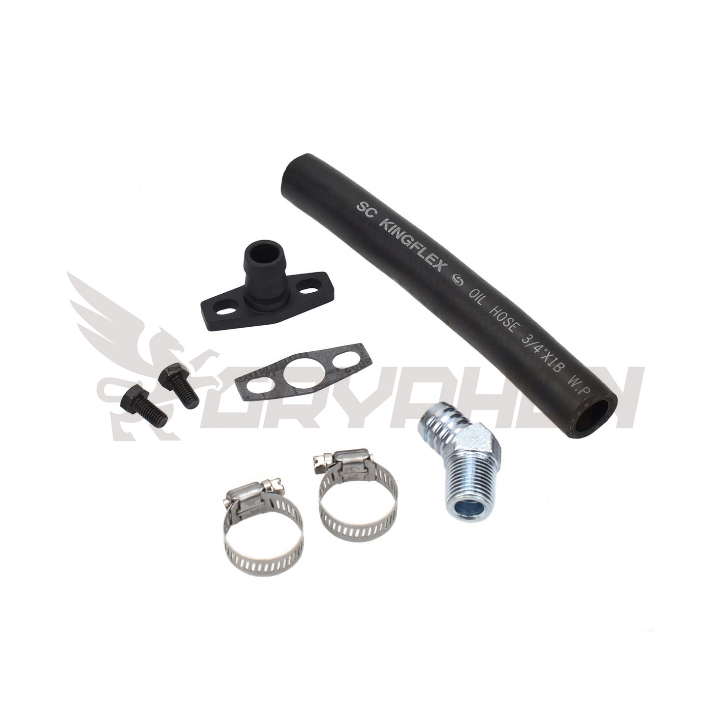 SR20DET S13 S14 S15 turbo oil drain hose kit for Garrett T25/T28, featuring NBR drain hose, 6061-T6 flange, 45° elbow fitting, gasket, and hardware.