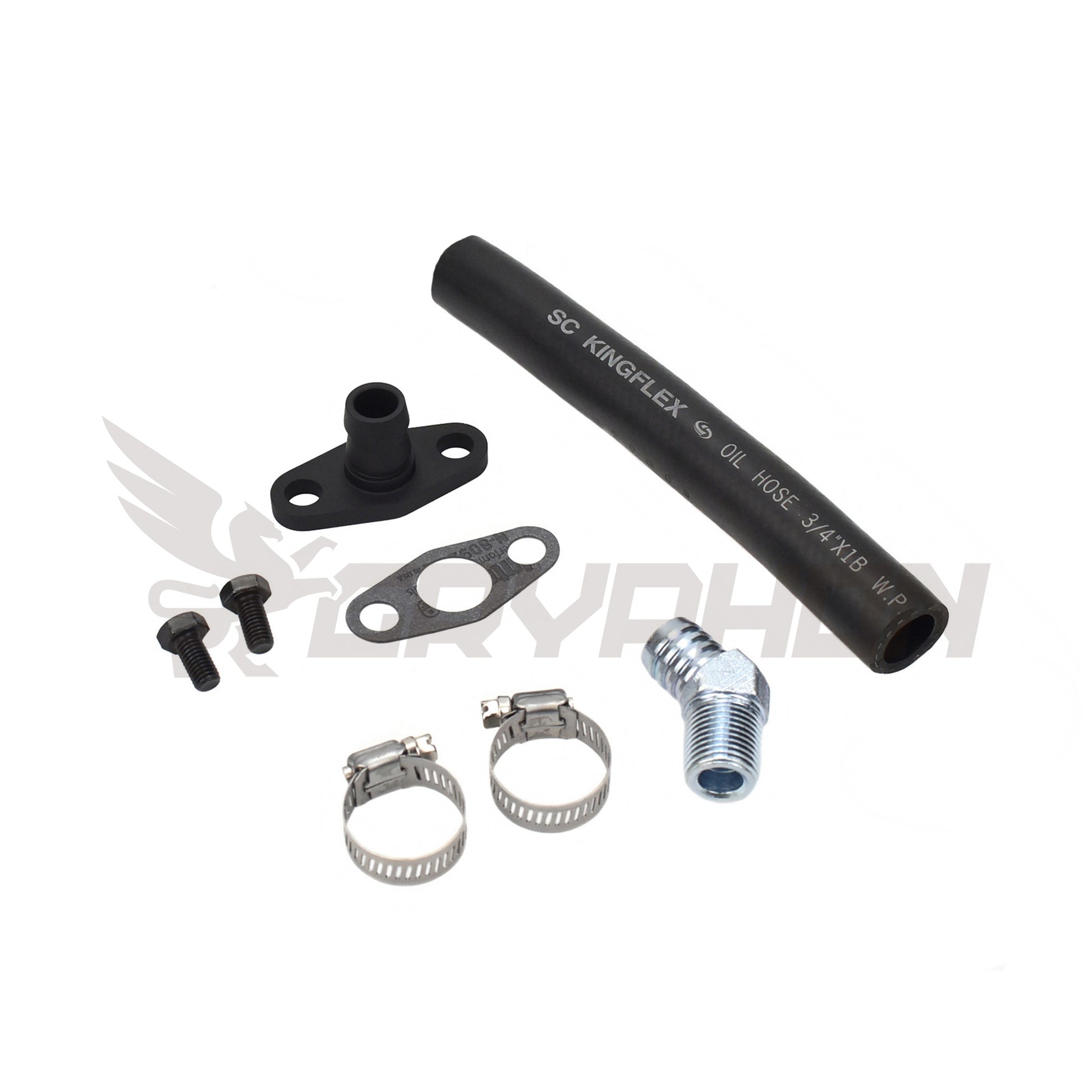 SR20DET S13 S14 S15 turbo oil drain hose kit for Garrett T3/T4 turbos, including NBR drain hose, 6061-T6 flange, fittings, gasket, and hardware.