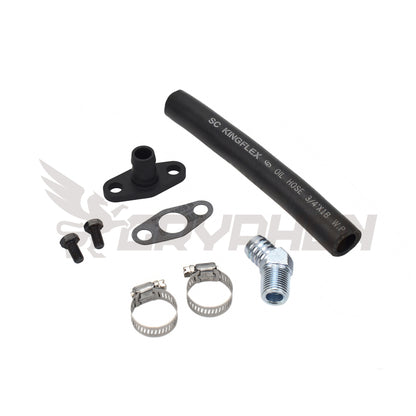 SR20DET S13 S14 S15 turbo oil drain hose kit for Garrett T3/T4 turbos, including NBR drain hose, 6061-T6 flange, fittings, gasket, and hardware.