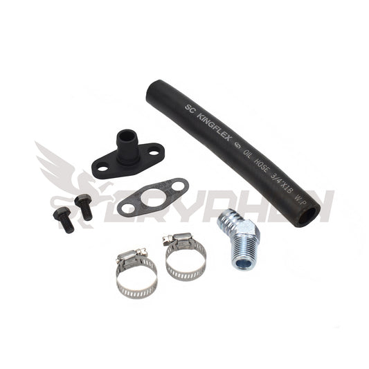 SR20DET S13 S14 S15 turbo oil drain hose kit for Garrett T3/T4 turbos, including NBR drain hose, 6061-T6 flange, fittings, gasket, and hardware.