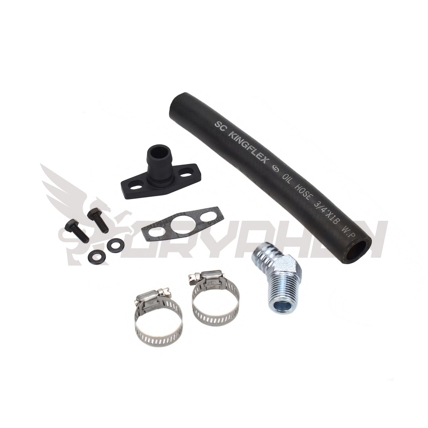 SR20DET S13 S14 S15 turbo oil drain hose kit for TD05H/TD06, including NBR drain hose, 6061-T6 flange, 45° elbow, gasket, and hardware.