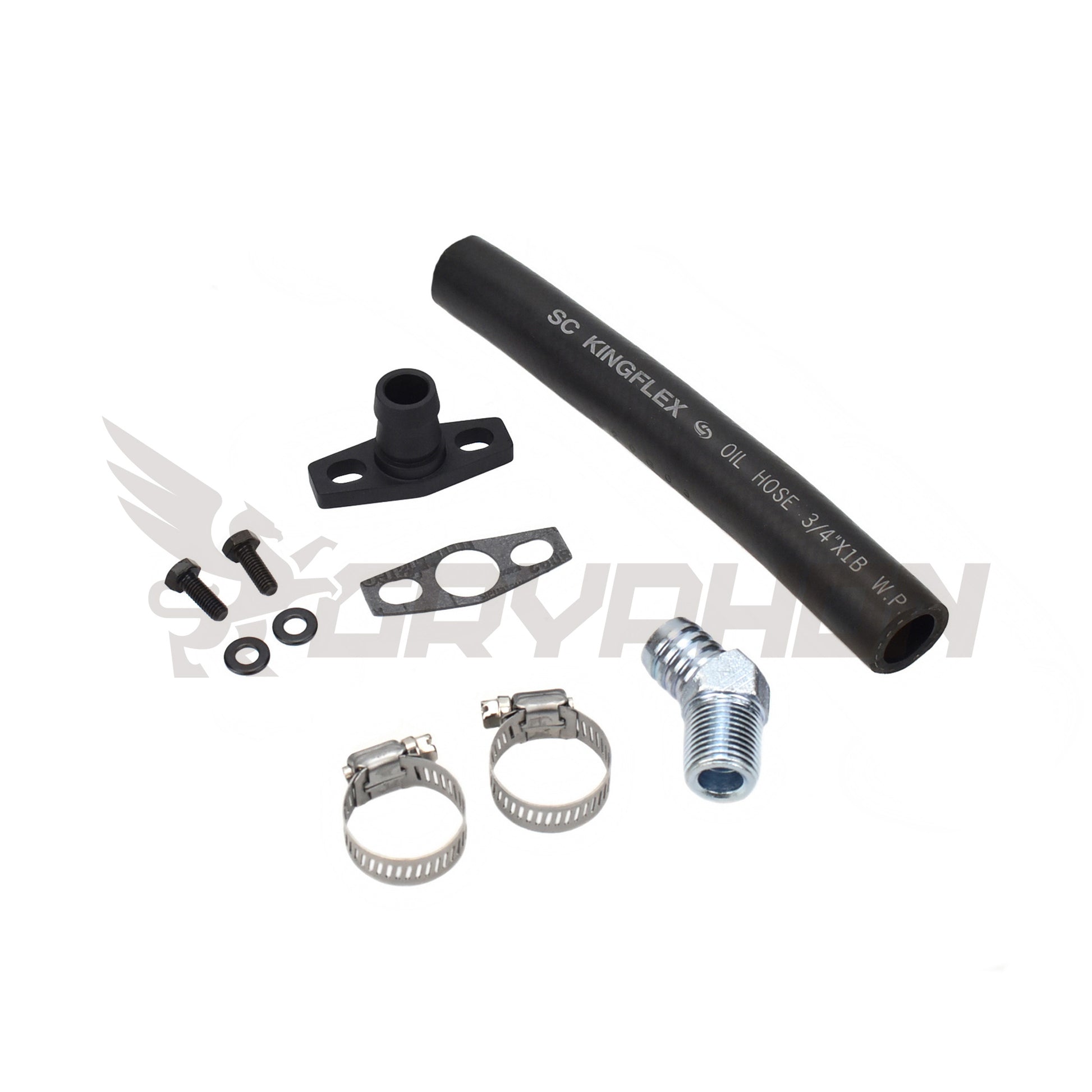 SR20DET S13 S14 S15 turbo oil drain hose kit for TD05H/TD06, including NBR drain hose, 6061-T6 flange, 45° elbow, gasket, and hardware.