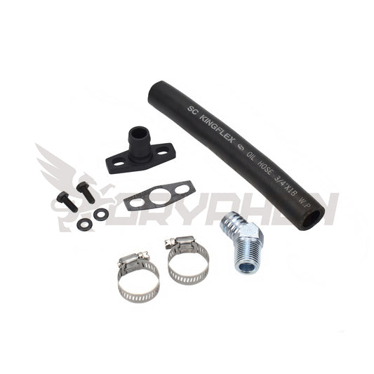 SR20DET S13 S14 S15 turbo oil drain hose kit for TD05H/TD06, including NBR drain hose, 6061-T6 flange, 45° elbow, gasket, and hardware.