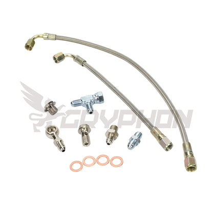 GryphonTek Rotated Turbo Oil Feed Line Kit for Subaru EJ20 EJ25 - Customizable Length PTFE Braided Line for Garrett GT30R GT35R.