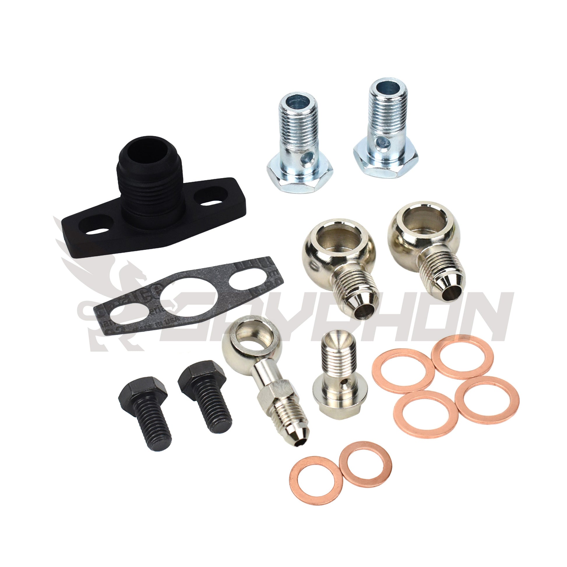 Complete Garrett GT25R, GT28R, GT29R, GT30R, GT35R turbo oil and water fitting kit with all adapters, flanges, gaskets, and bolts