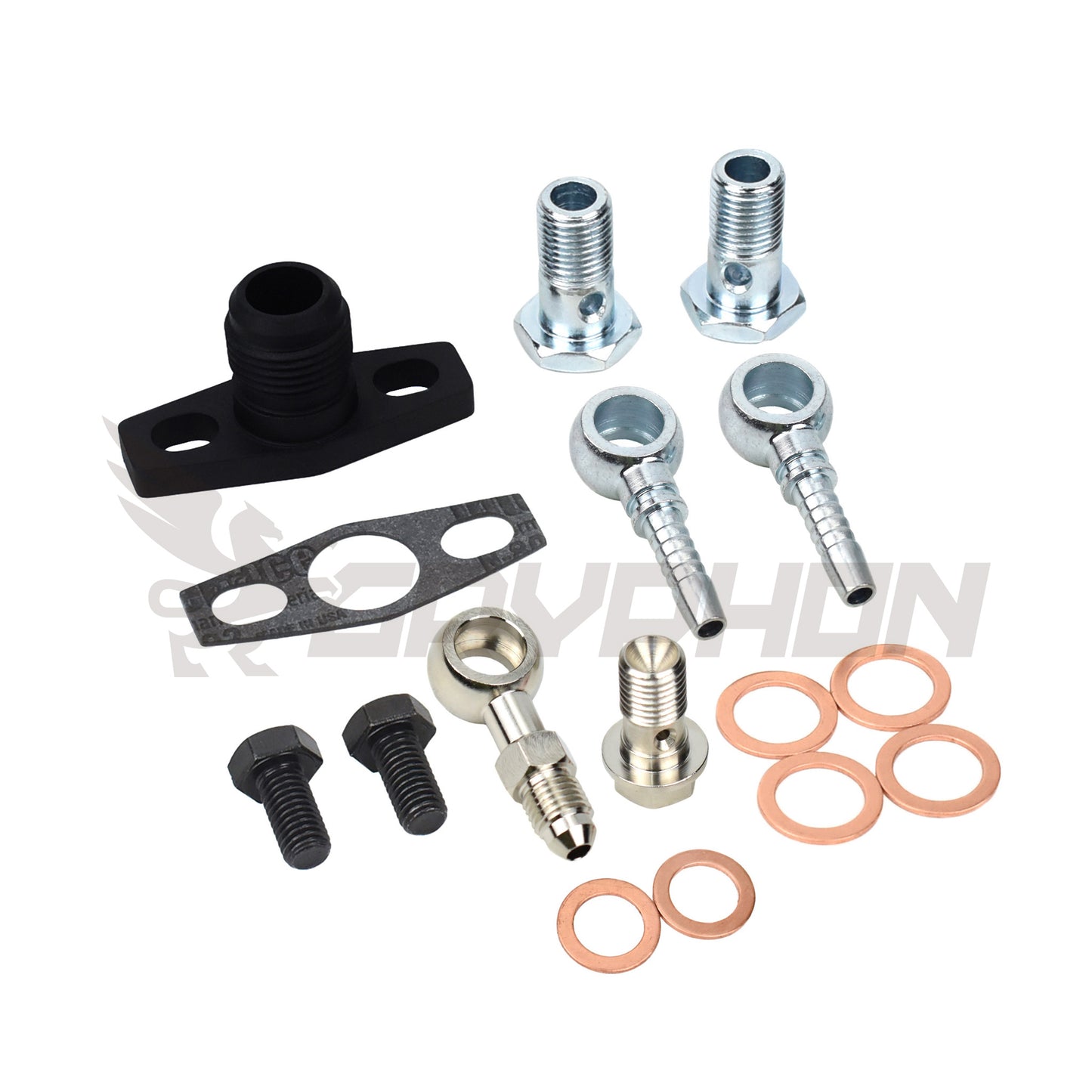 Complete Garrett GT25R, GT28R, GT29R, GT30R, GT35R turbo oil and water fitting kit with all adapters, flanges, gaskets, and bolts