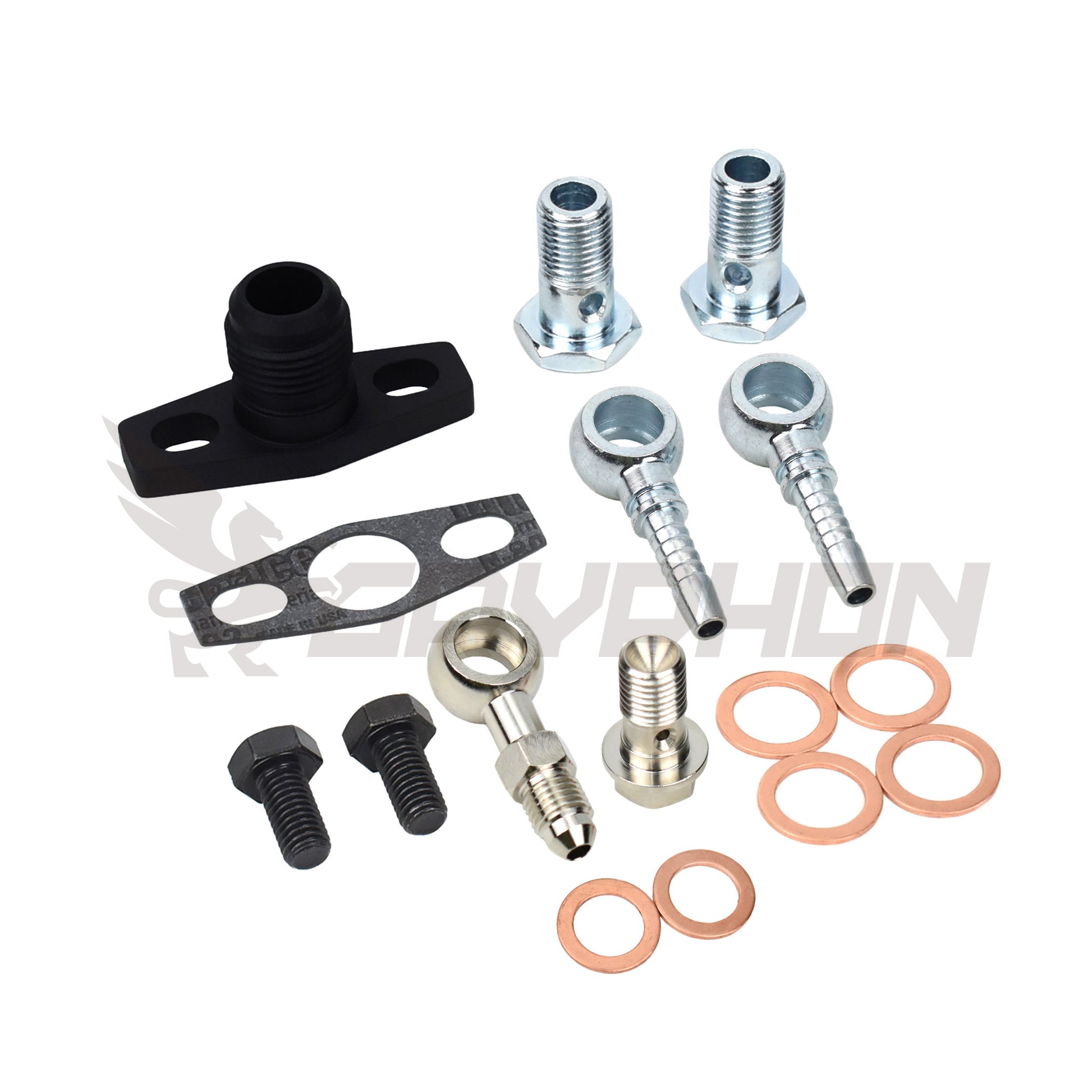 Complete Garrett GT25R, GT28R, GT29R, GT30R, GT35R turbo oil and water fitting kit with all adapters, flanges, gaskets, and bolts