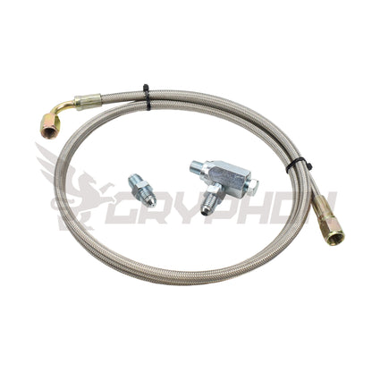 Braided Turbo Oil Feed Line Kit for Mazda MX5 Miata Late MK1, MK2, MK2.5 engine with Garrett GT25R GT28R ball bearing turbo.