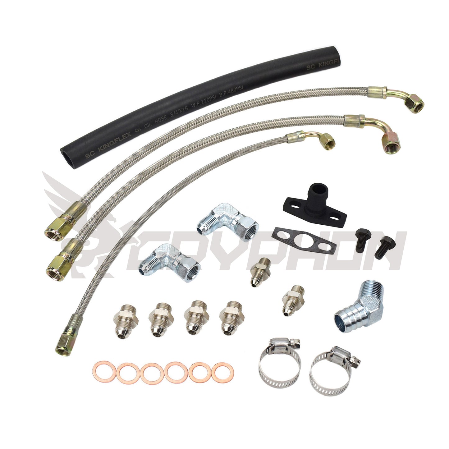 Turbo oil water lines and fittings. Nissan 200SX S14 S15 SR20DET top mount BorgWarner EFR Series turbocharger includes 6258, 6758, 7064, 7163, 7670, 8374, 8474, 9174, 9180, 9274, 9280