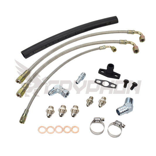 Turbo oil water lines and fittings. Nissan 180SX Silvia S13 SR20DET top mount BorgWarner EFR Series turbocharger includes 6258, 6758, 7064, 7163, 7670, 8374, 8474, 9174, 9180, 9274, 9280