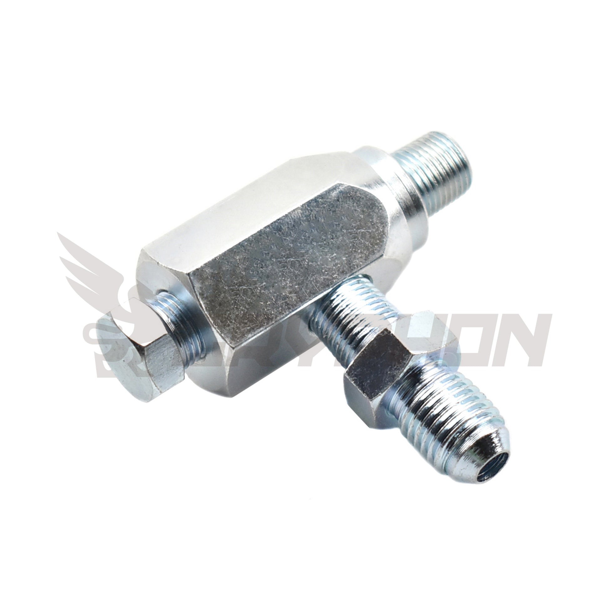 Compact BSPT oil tee fitting used in turbo oil supply setup